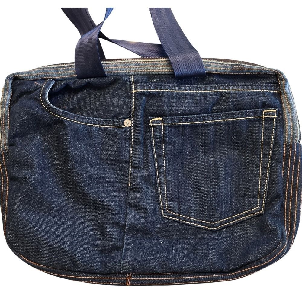 Handmade Upcycled Denim Laptop Bag 12x16 Floral Lined Jean Pocket Tote 1of1 Kind